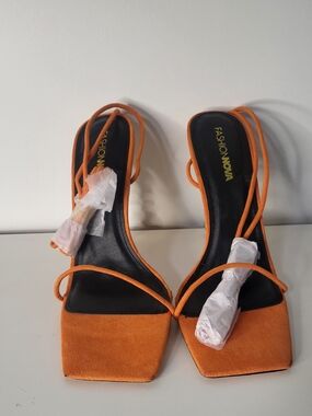 Fashion Nova Orange Strappy Square-Toe Wrap Heels